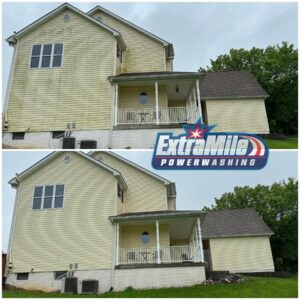 House washing before and after Extra Mile Power Washing of Bunker Hill, WV completes a house washing appointment.