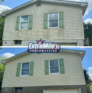 House washing before and after Extra Mile Power Washing of Bunker Hill, WV completes a house washing appointment.