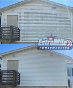 House washing before and after Extra Mile Power Washing of Bunker Hill, WV completes a house washing appointment.