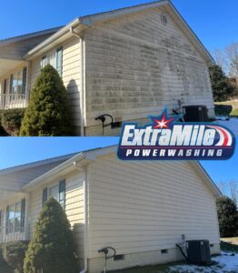 House washing before and after Extra Mile Power Washing of Bunker Hill, WV completes a house washing appointment.