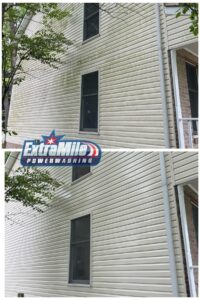 House washing before and after Extra Mile Power Washing of Bunker Hill, WV completes a house washing appointment.